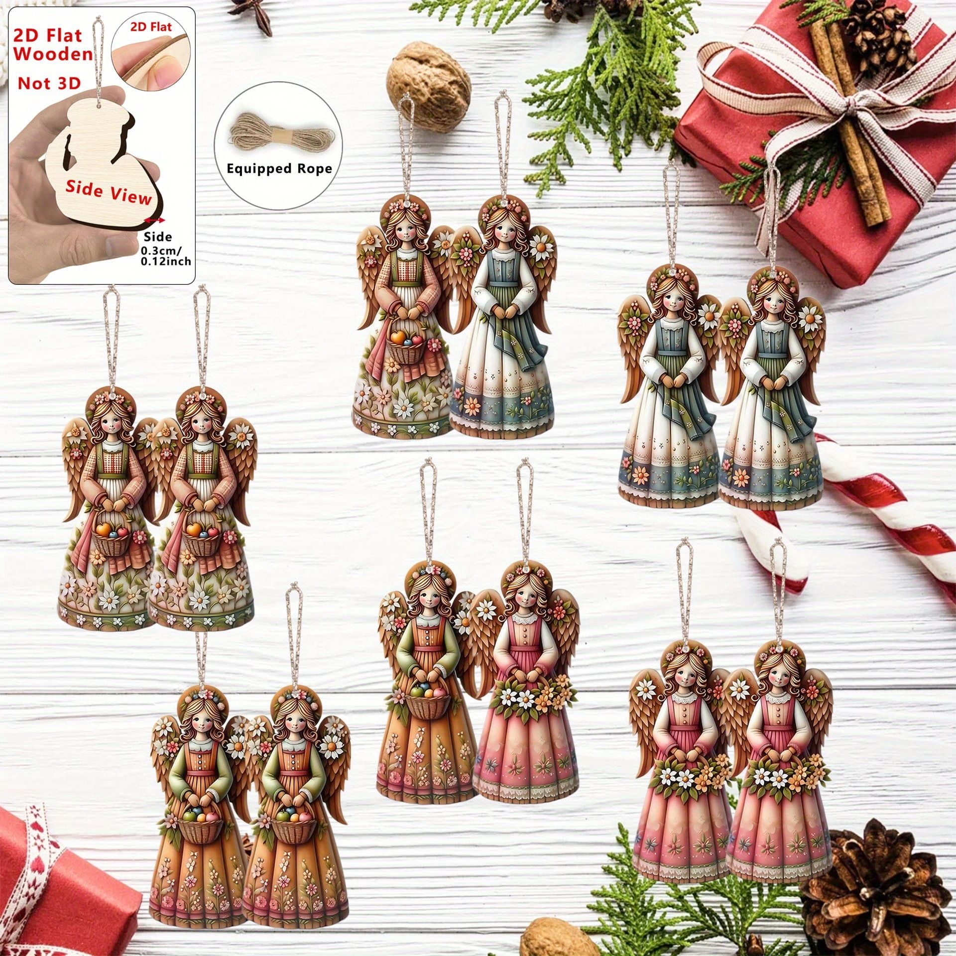 Vintage 12-piece wooden pendant angel girl statues, suitable for Christmas and Easter party decorations
