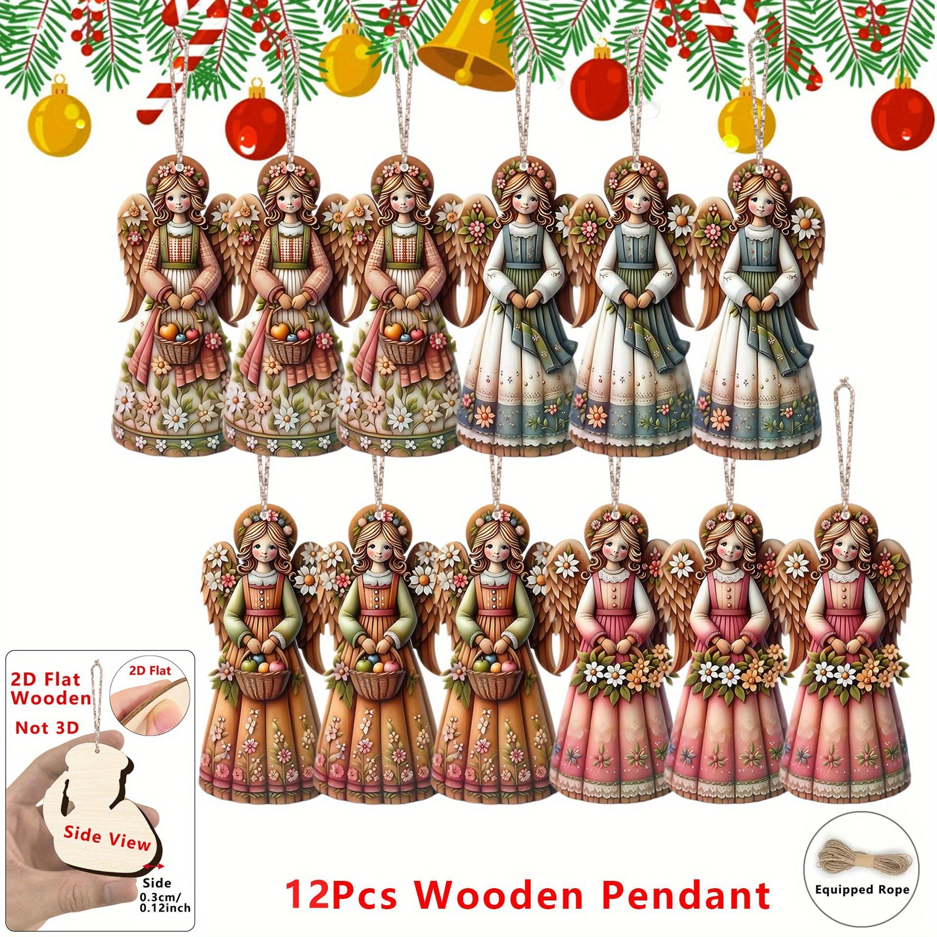 Vintage 12-piece wooden pendant angel girl statues, suitable for Christmas and Easter party decorations
