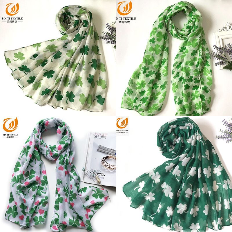 Irish St. Patrick's Day Scarf, Chiffon Fresh and Elegant Silk Scarf with Plant and Flower Prints