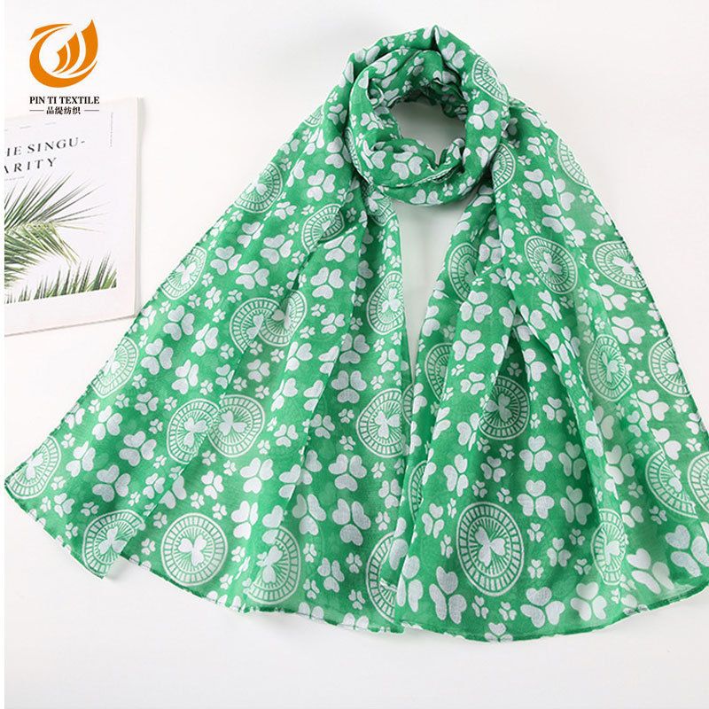 Irish St. Patrick's Day Scarf, Chiffon Fresh and Elegant Silk Scarf with Plant and Flower Prints
