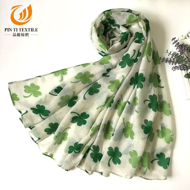 Irish St. Patrick's Day Scarf, Chiffon Fresh and Elegant Silk Scarf with Plant and Flower Prints