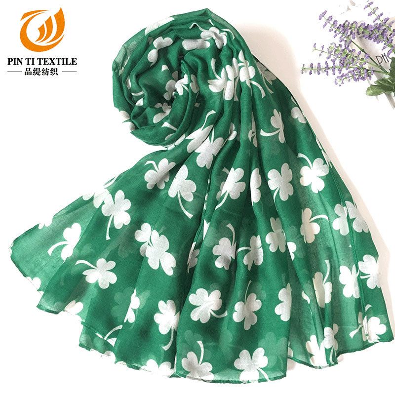 Irish St. Patrick's Day Scarf, Chiffon Fresh and Elegant Silk Scarf with Plant and Flower Prints