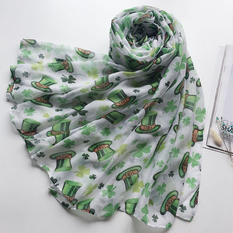 Irish St. Patrick's Day Scarf, Chiffon Fresh and Elegant Silk Scarf with Plant and Flower Prints