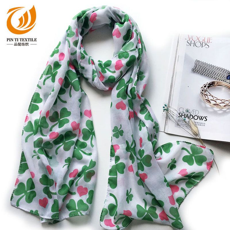 Irish St. Patrick's Day Scarf, Chiffon Fresh and Elegant Silk Scarf with Plant and Flower Prints