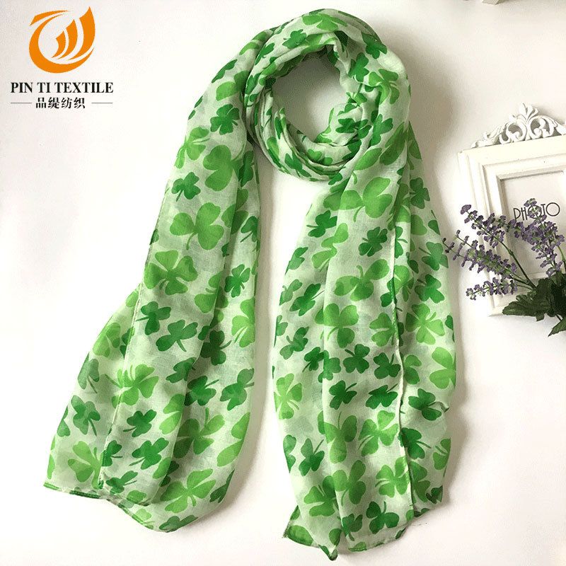 Irish St. Patrick's Day Scarf, Chiffon Fresh and Elegant Silk Scarf with Plant and Flower Prints