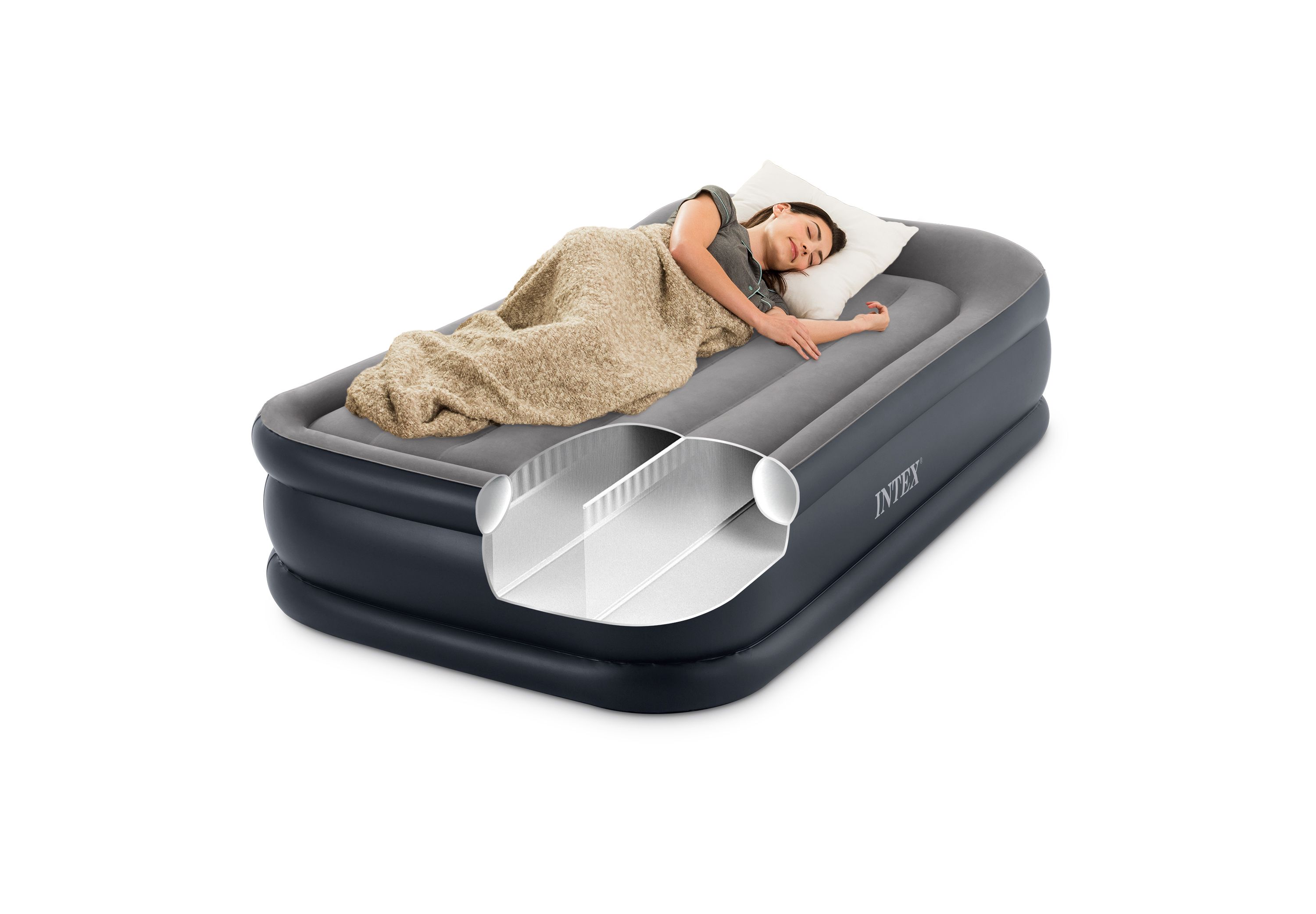 Intex Airbed Inflatable Double Mattress Raised Pillow Rest With Bulit in Electric Air Pump,152 x 203 x 42 cm -5x6