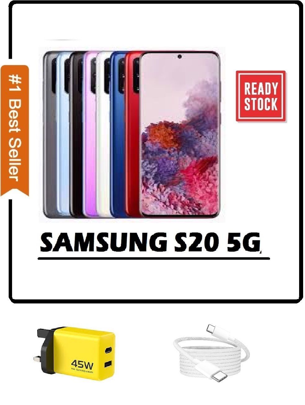 Samsung Galaxy S20, 256GB/ 128GB +8GB , 6.2'' AMOLED Display, 64MP+10MP ,Dual SIM ,4000mAh ,Unlocked ,Grade (A) + FREE 45W FAST CHARGER