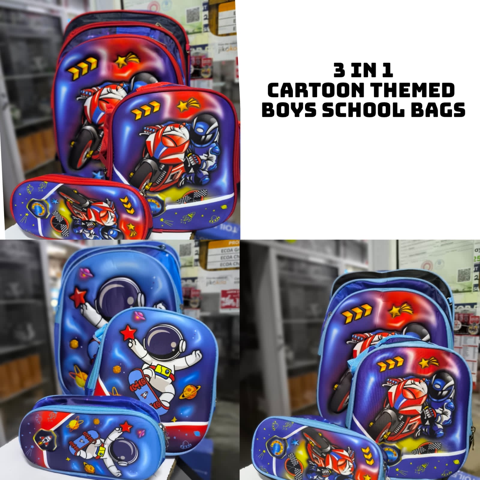 Boys SchoolBags(GRADE 2-GRADE 5) 3 in1 Cartoon theme School Backpack▪️: Back pack▪️ Material: Oxford 24▪️ Contains:big school bag, pencil pouch, Insulated lunch bag🔥🔥🔥👌▪️ Size:  40cm x 30cm x 16cm