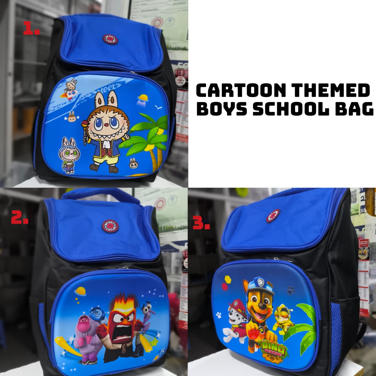 Boys SchoolBags(GRADE 2-GRADE 6) 3 in1 Cartoon theme School Backpack▪️: Back pack▪️ Material: Oxford 29▪️ Contains:big school bag, pencil pouch, Insulated lunch bag🔥🔥🔥👌▪️ Size:  40cm x 30cm x 16cm