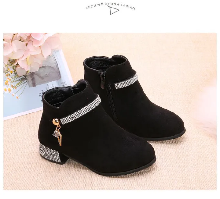 Fashionable rhinestone side zipper ankle boots 2024 new soft soled thick heel high top kid girls chelsea boots