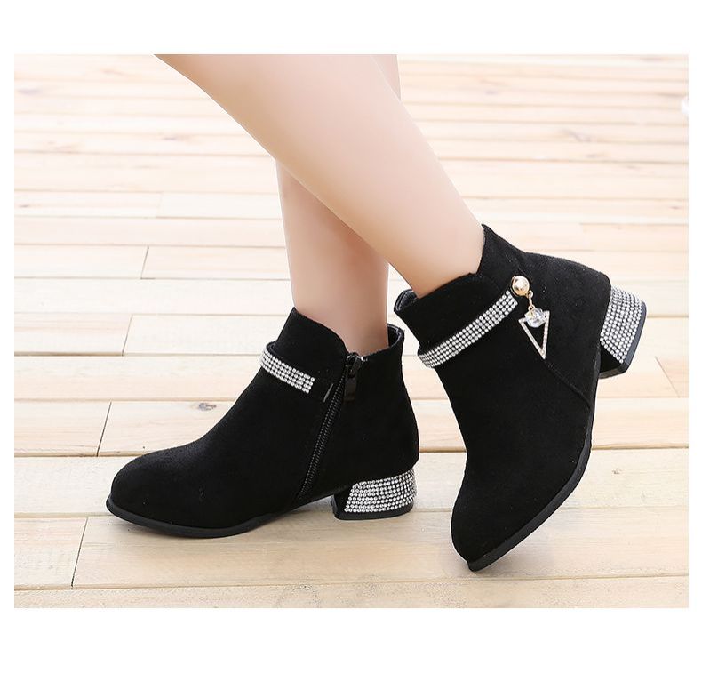 Fashionable rhinestone side zipper ankle boots 2024 new soft soled thick heel high top kid girls chelsea boots