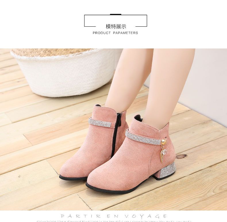 Fashionable rhinestone side zipper ankle boots 2024 new soft soled thick heel high top kid girls chelsea boots