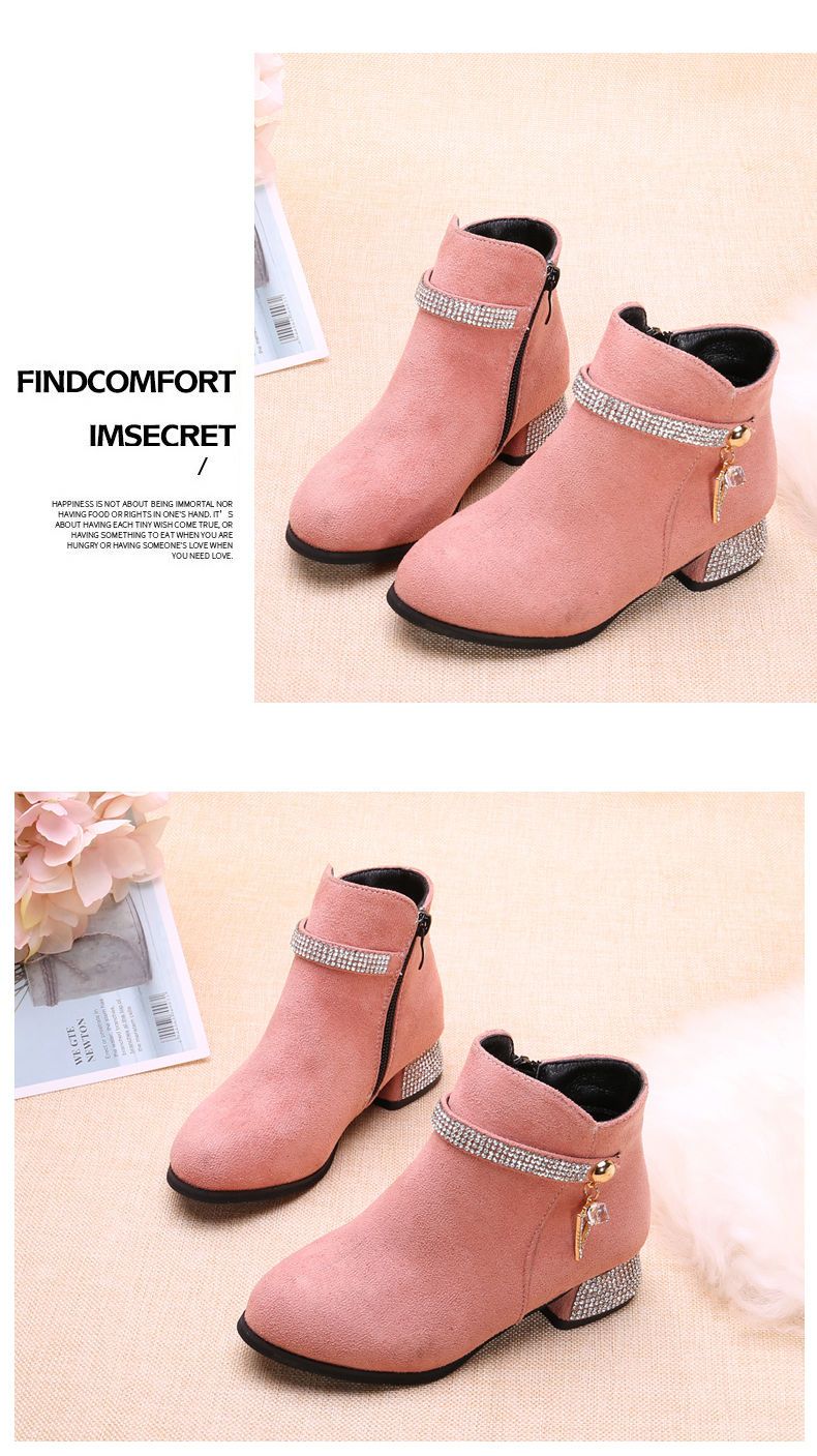 Fashionable rhinestone side zipper ankle boots 2024 new soft soled thick heel high top kid girls chelsea boots