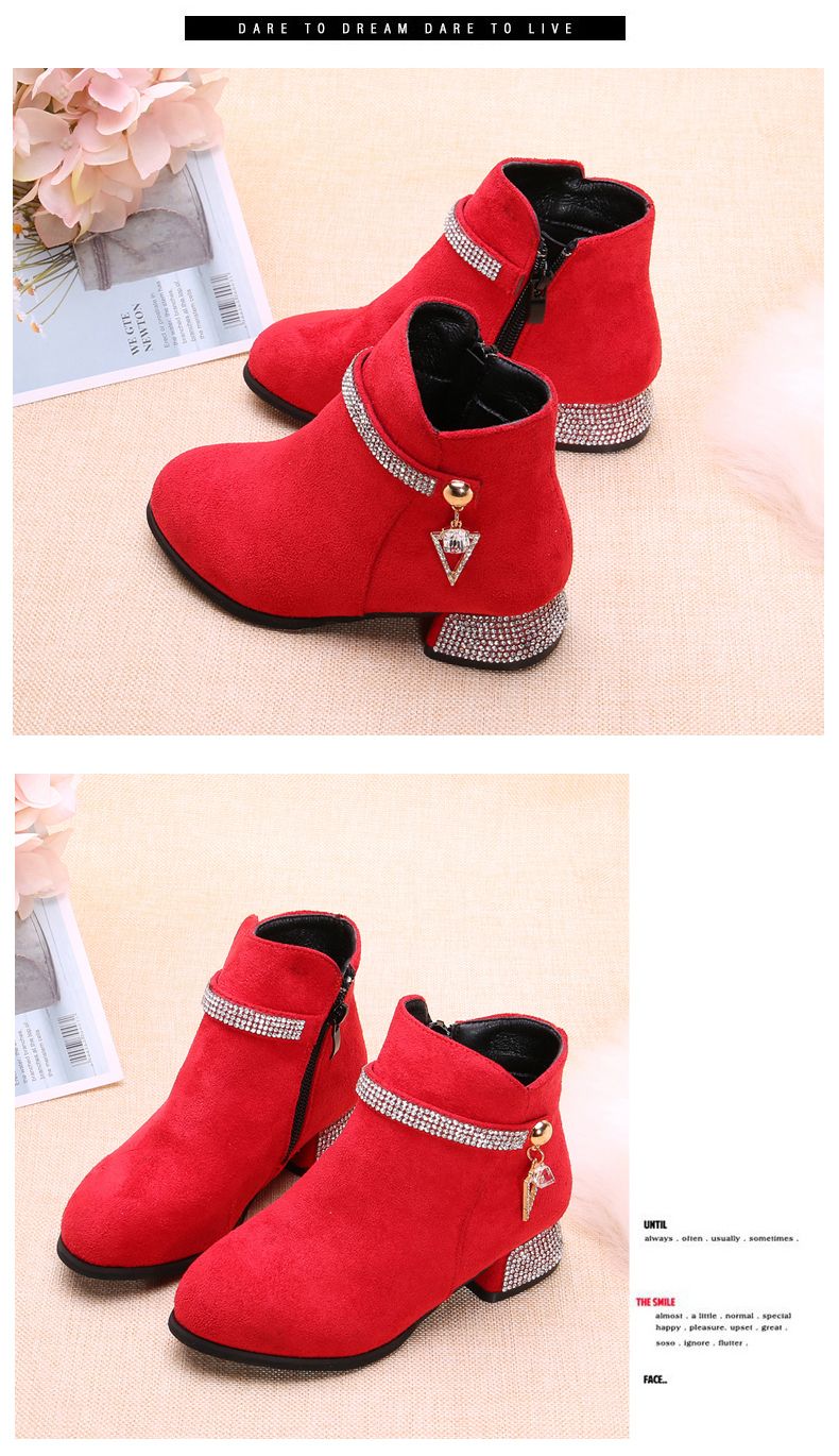 Fashionable rhinestone side zipper ankle boots 2024 new soft soled thick heel high top kid girls chelsea boots