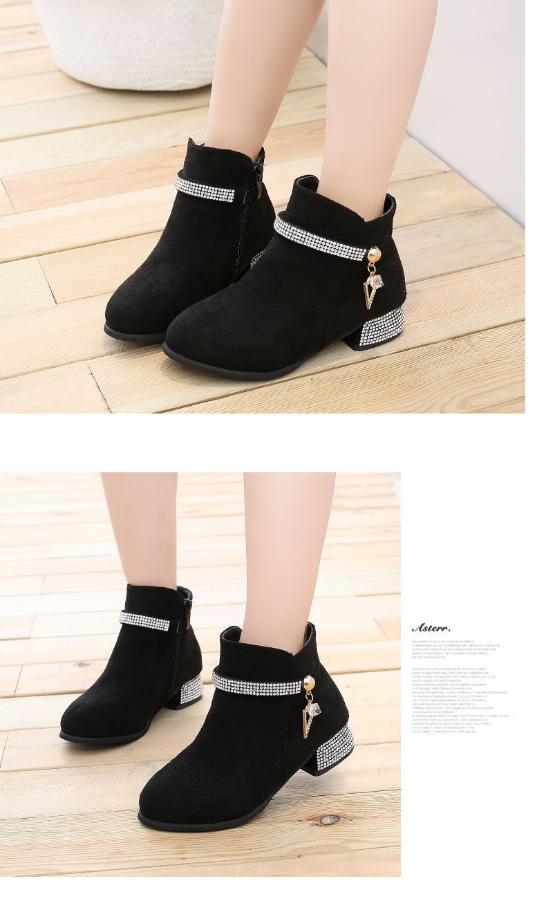 Fashionable rhinestone side zipper ankle boots 2024 new soft soled thick heel high top kid girls chelsea boots