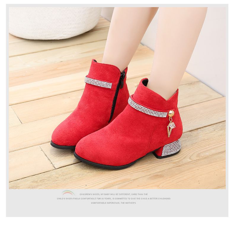 Fashionable rhinestone side zipper ankle boots 2024 new soft soled thick heel high top kid girls chelsea boots