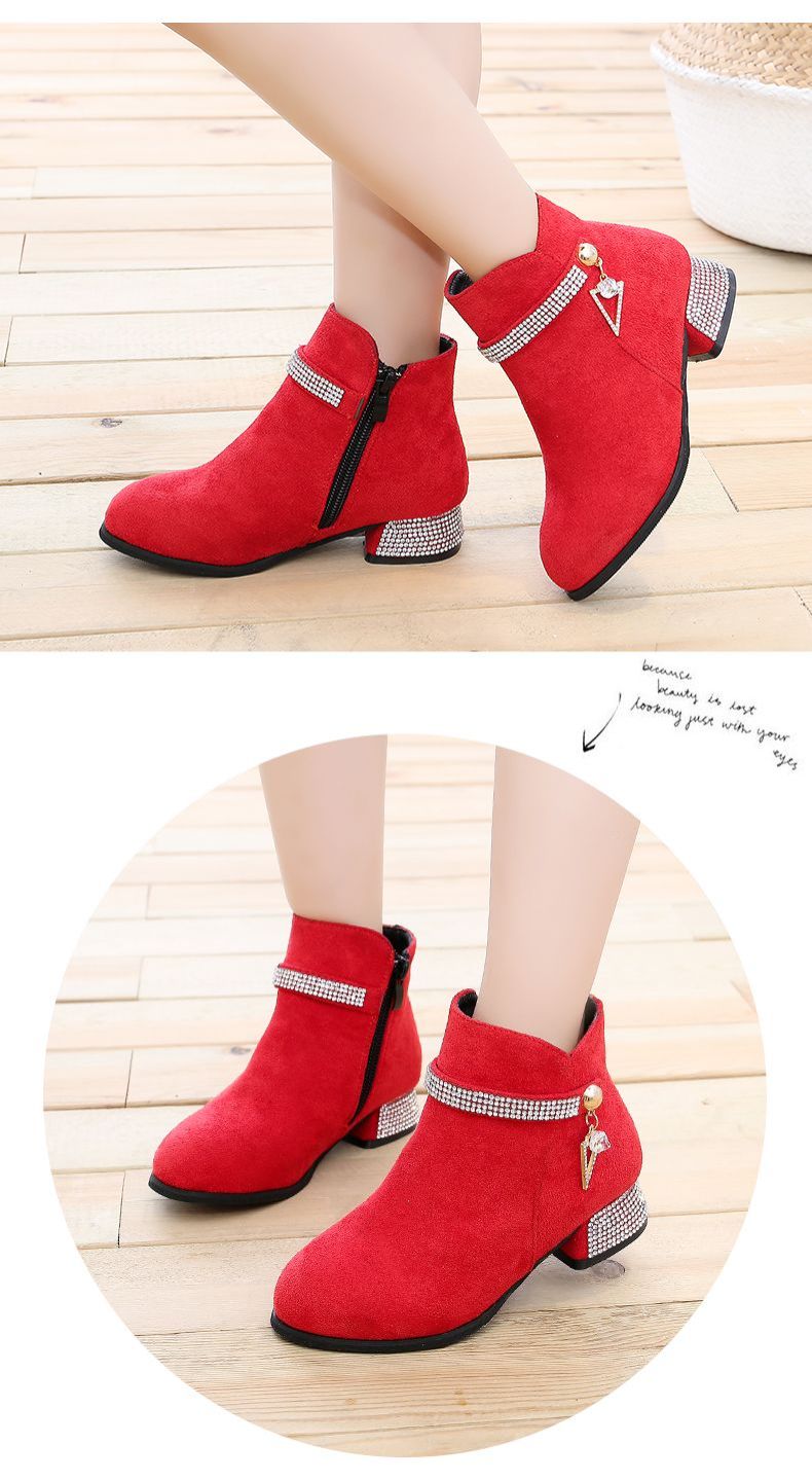 Fashionable rhinestone side zipper ankle boots 2024 new soft soled thick heel high top kid girls chelsea boots