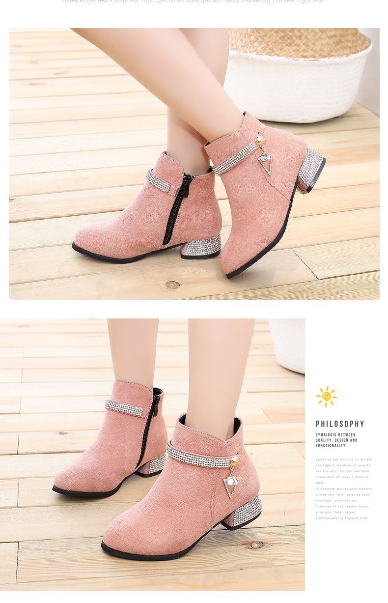 Fashionable rhinestone side zipper ankle boots 2024 new soft soled thick heel high top kid girls chelsea boots