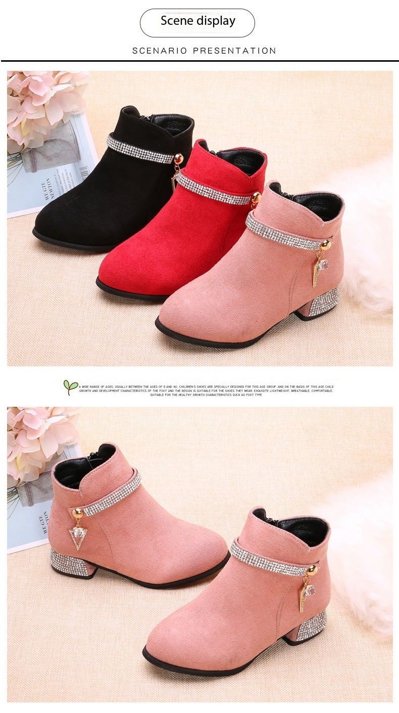 Fashionable rhinestone side zipper ankle boots 2024 new soft soled thick heel high top kid girls chelsea boots