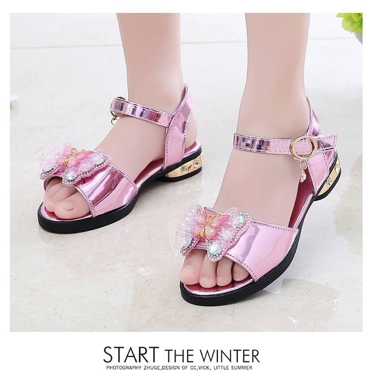 Princess Children Girls Fancy Sandals Shiny Flats Soft Bottom Open Toe Shoes Girls Dress Performance Princess Sandals 2021 New
