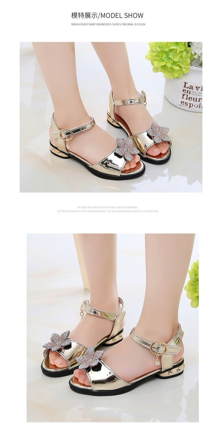 Princess Children Girls Fancy Sandals Shiny Flats Soft Bottom Open Toe Shoes Girls Dress Performance Princess Sandals 2021 New