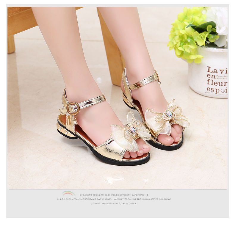 Princess Children Girls Fancy Sandals Shiny Flats Soft Bottom Open Toe Shoes Girls Dress Performance Princess Sandals 2021 New