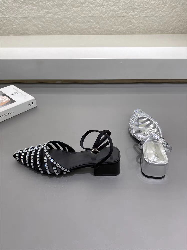 New Women Pointed Mary Jane Shoes Blue Party Sandals Sequined Shallow Sandals Lace-up Thick Heels Custom High Heels Women Pumps