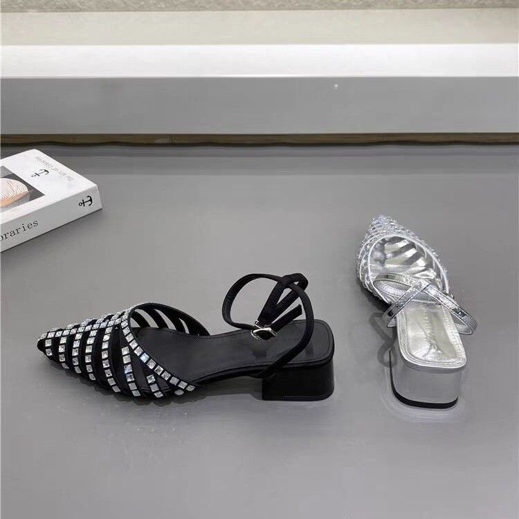 New Women Pointed Mary Jane Shoes Blue Party Sandals Sequined Shallow Sandals Lace-up Thick Heels Custom High Heels Women Pumps