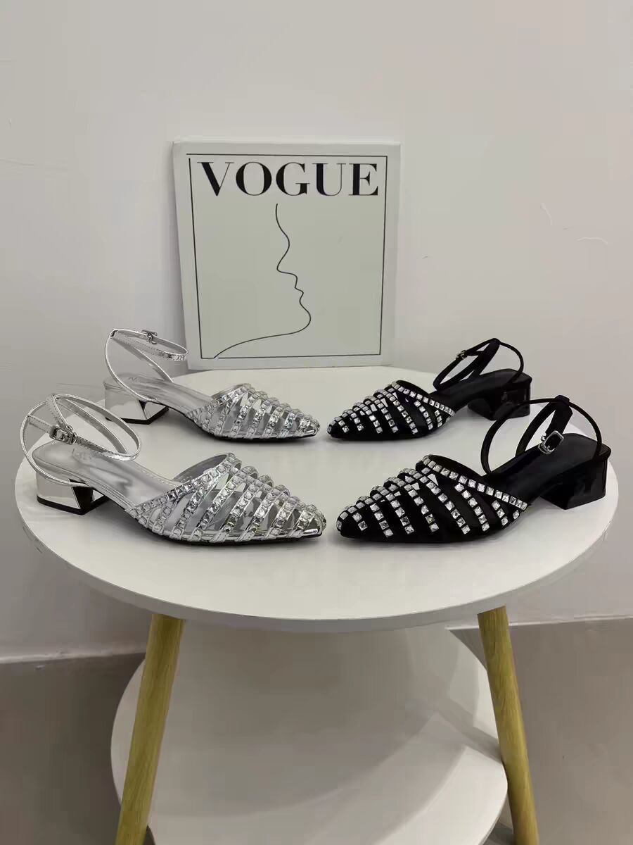 New Women Pointed Mary Jane Shoes Blue Party Sandals Sequined Shallow Sandals Lace-up Thick Heels Custom High Heels Women Pumps