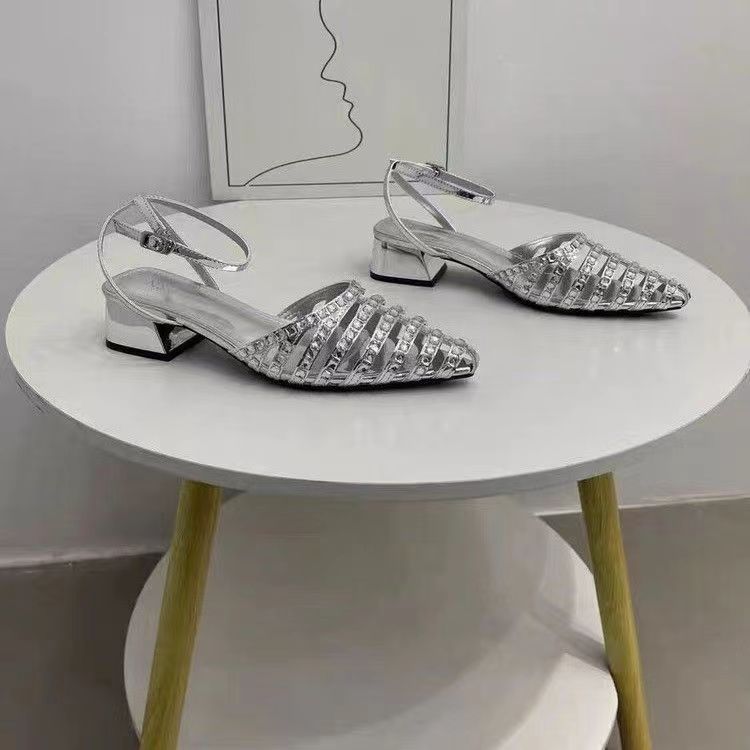 New Women Pointed Mary Jane Shoes Blue Party Sandals Sequined Shallow Sandals Lace-up Thick Heels Custom High Heels Women Pumps