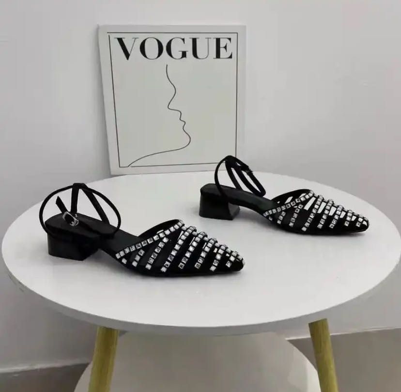 New Women Pointed Mary Jane Shoes Blue Party Sandals Sequined Shallow Sandals Lace-up Thick Heels Custom High Heels Women Pumps