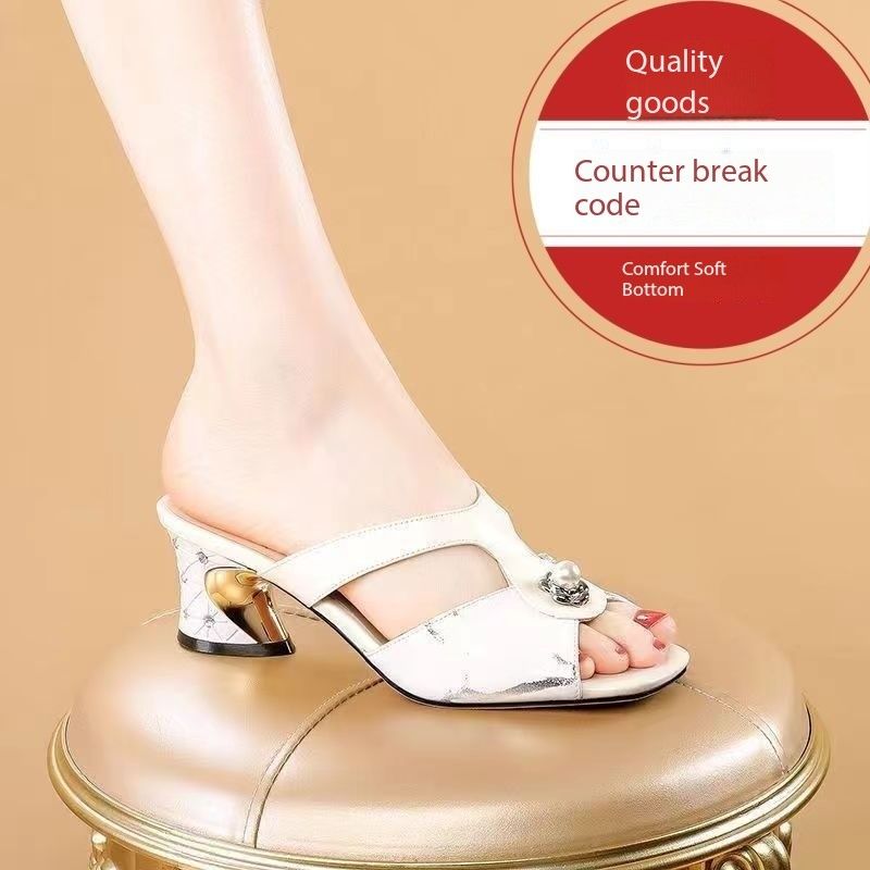 Xuanhui Season new classic retro mulle sandales talon sandals luxury pearl hollow open toe chunky slippers