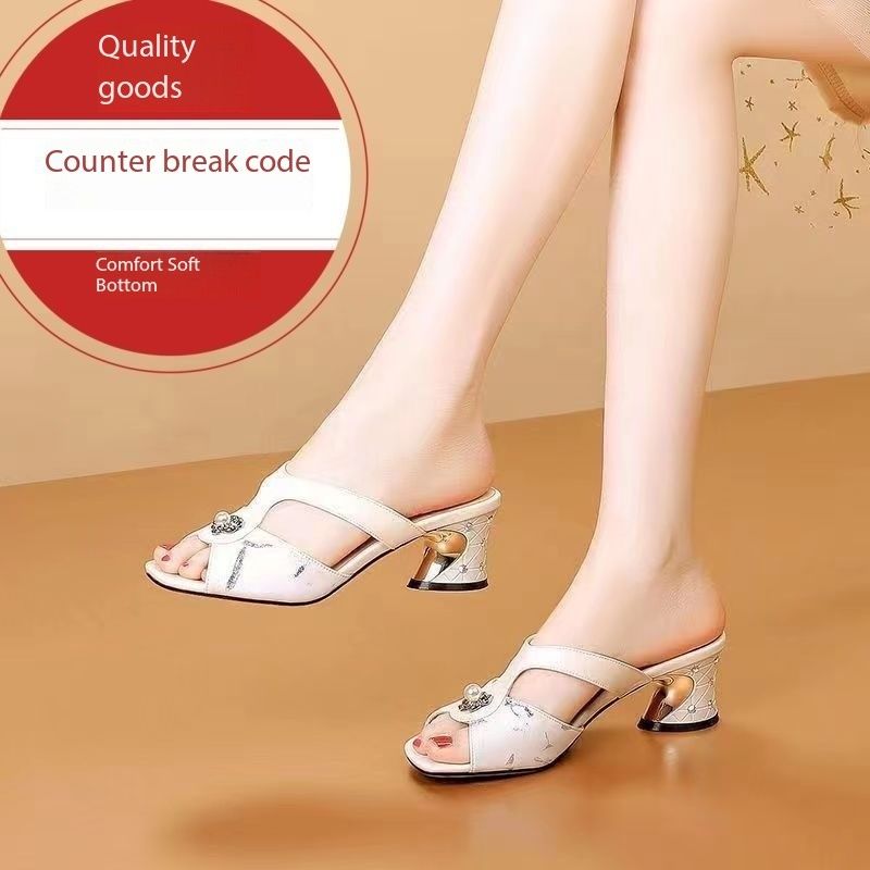 Xuanhui Season new classic retro mulle sandales talon sandals luxury pearl hollow open toe chunky slippers