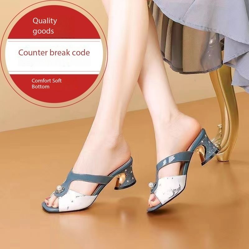 Xuanhui Season new classic retro mulle sandales talon sandals luxury pearl hollow open toe chunky slippers