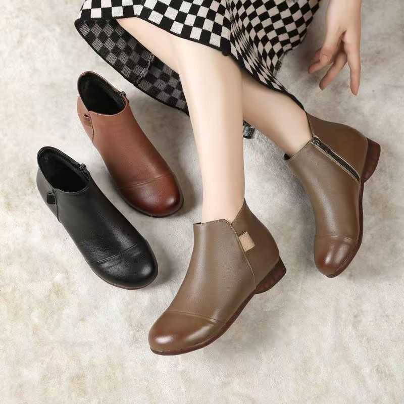 Fashion Women Flat Low Heel Booties Ladies Quilted  Ankle Leather Boots