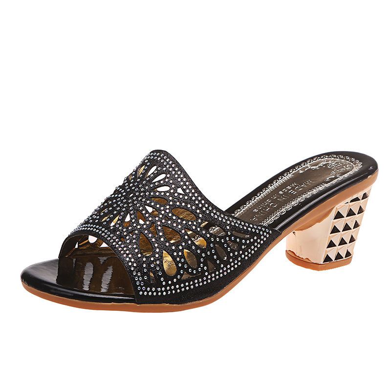 Glitter Fashion Ladies Chunky Mules Sandals Peep Toe Slip-on Slides Slippers Open Toe High Heeled Ladies Shoes