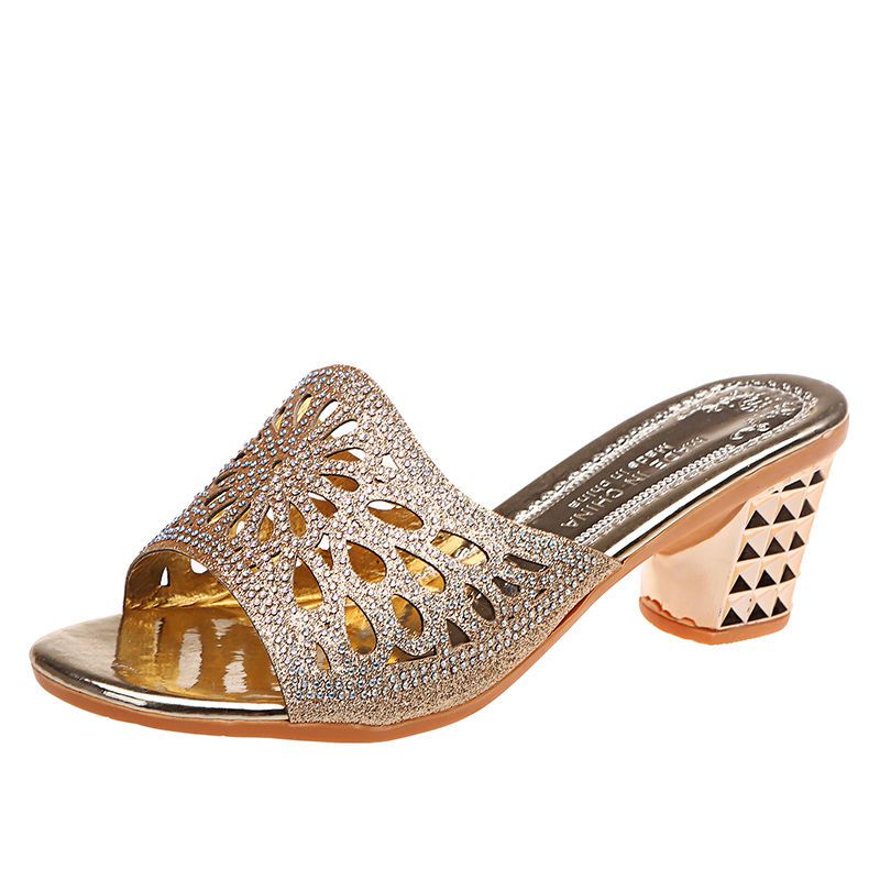 Glitter Fashion Ladies Chunky Mules Sandals Peep Toe Slip-on Slides Slippers Open Toe High Heeled Ladies Shoes