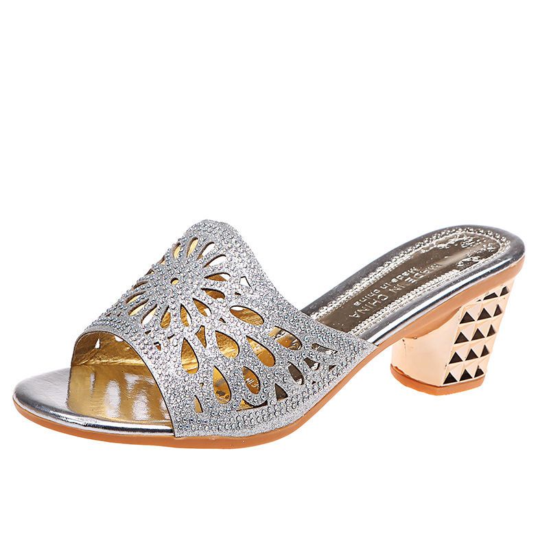 Glitter Fashion Ladies Chunky Mules Sandals Peep Toe Slip-on Slides Slippers Open Toe High Heeled Ladies Shoes