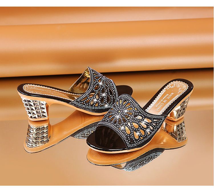 Glitter Fashion Ladies Chunky Mules Sandals Peep Toe Slip-on Slides Slippers Open Toe High Heeled Ladies Shoes