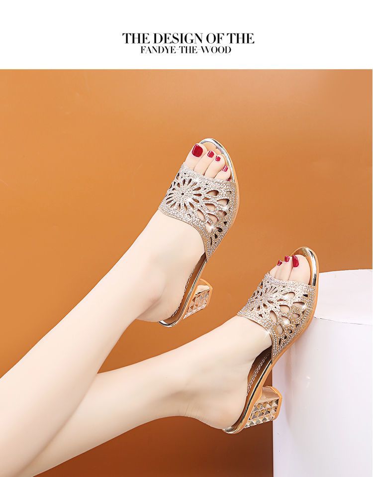 Glitter Fashion Ladies Chunky Mules Sandals Peep Toe Slip-on Slides Slippers Open Toe High Heeled Ladies Shoes