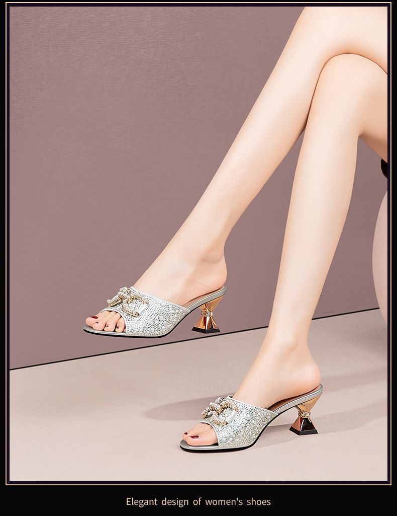 New rhinestone metal buckle fashionable chunky heel sandals fairy style high heel slippers slippers women's summer outdoor
