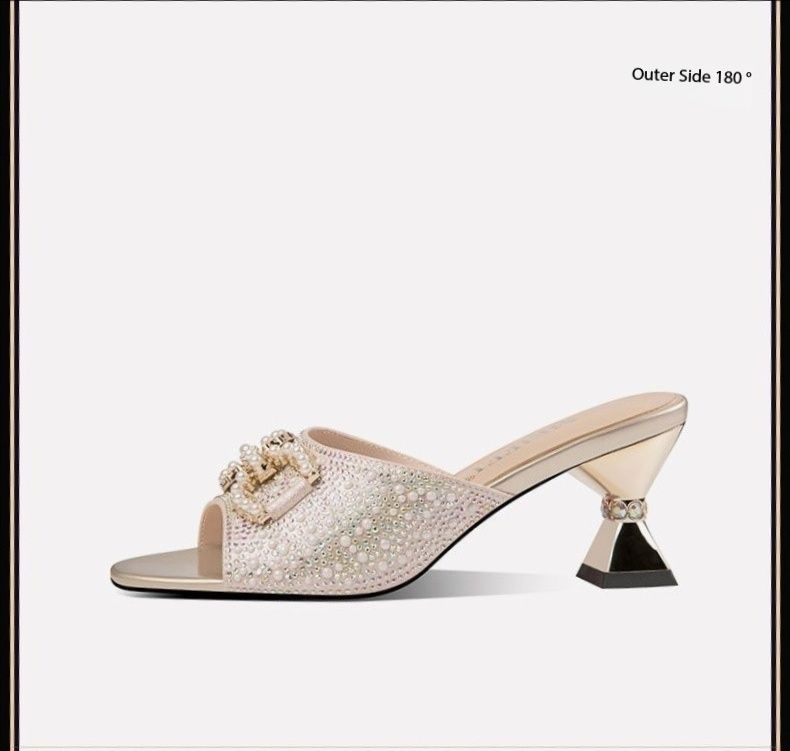 New rhinestone metal buckle fashionable chunky heel sandals fairy style high heel slippers slippers women's summer outdoor