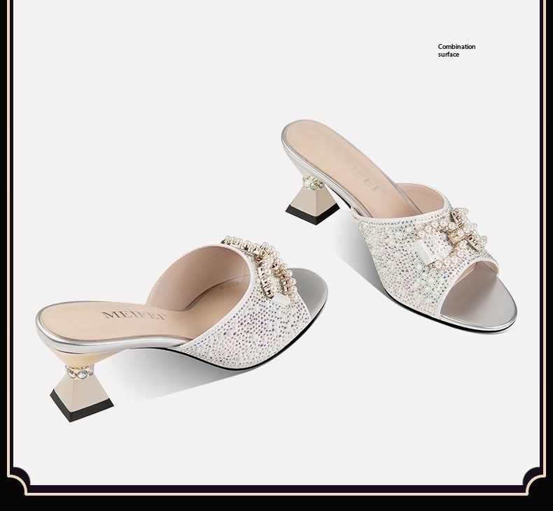 New rhinestone metal buckle fashionable chunky heel sandals fairy style high heel slippers slippers women's summer outdoor