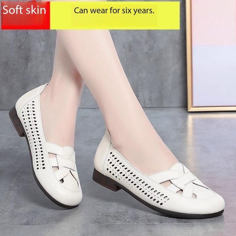 Fashion Casual Design Big Size Slippers Flat hollow leather shoes Women Hollow Out Temperament Casual Mom'S Shoes