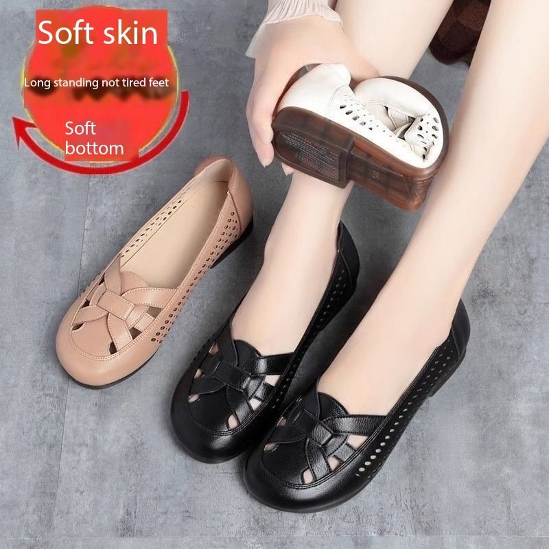 Fashion Casual Design Big Size Slippers Flat hollow leather shoes Women Hollow Out Temperament Casual Mom'S Shoes
