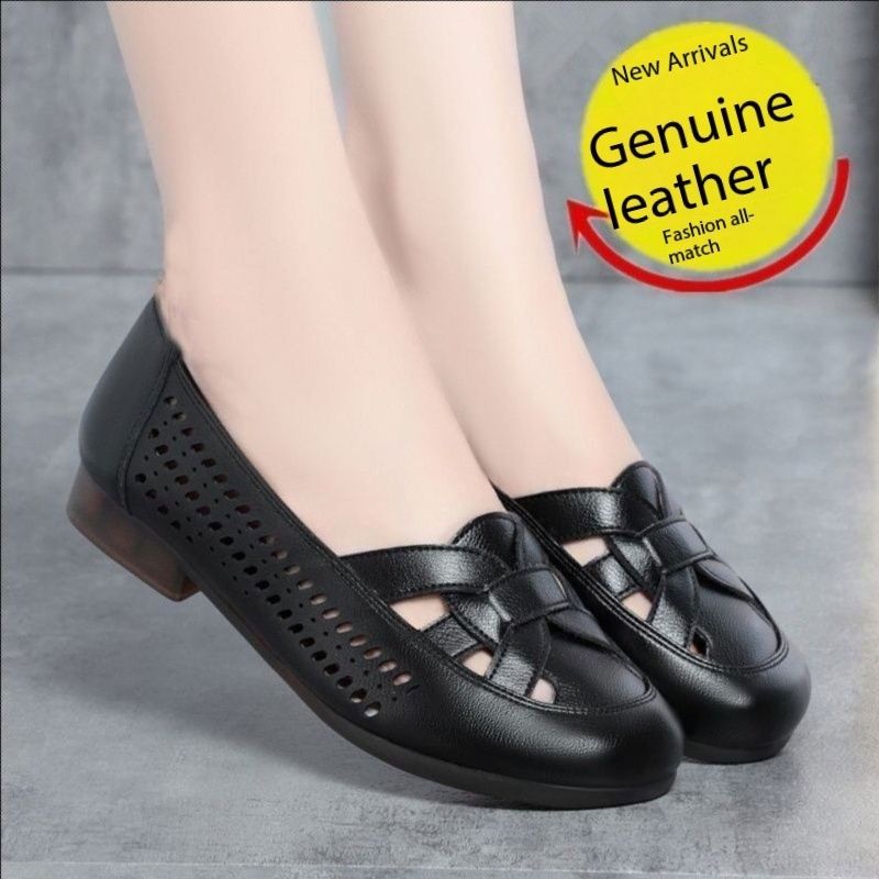 Fashion Casual Design Big Size Slippers Flat hollow leather shoes Women Hollow Out Temperament Casual Mom'S Shoes