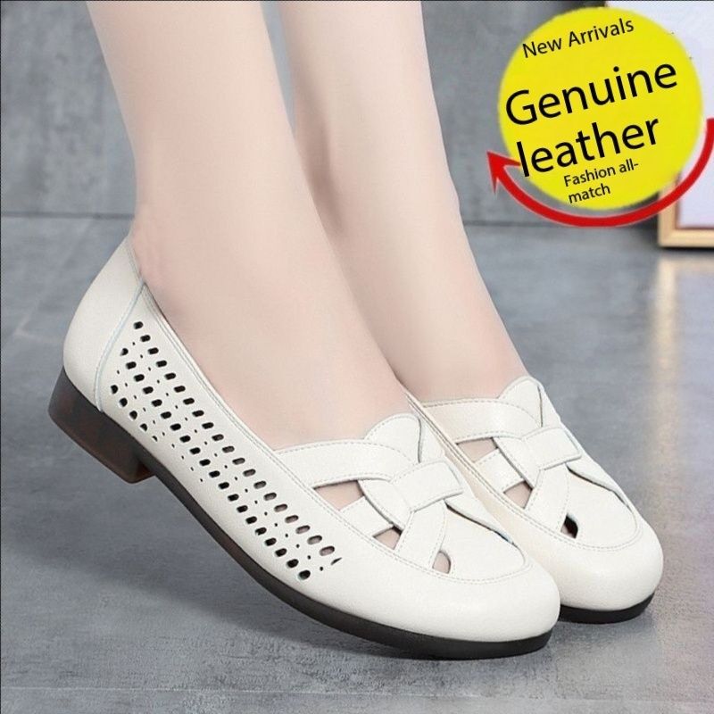 Fashion Casual Design Big Size Slippers Flat hollow leather shoes Women Hollow Out Temperament Casual Mom'S Shoes