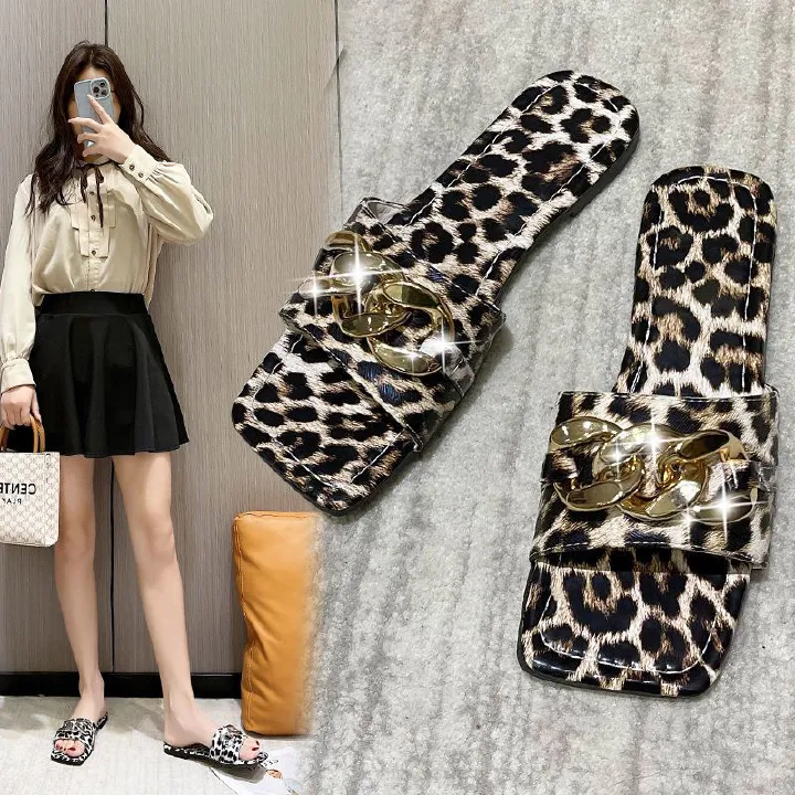 Flat Women'S Slippers New European American Metal Chain Square Toe Flat Shoes Women's Sandals Leopard Slides Slippers