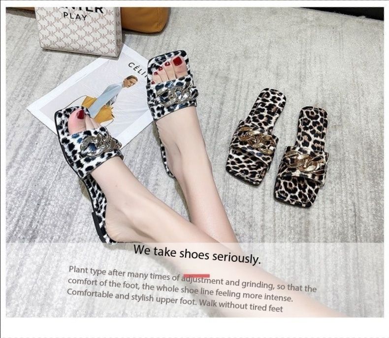 Flat Women'S Slippers New European American Metal Chain Square Toe Flat Shoes Women's Sandals Leopard Slides Slippers