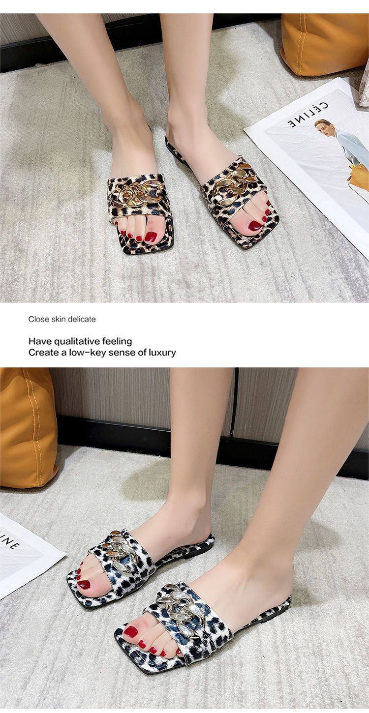 Flat Women'S Slippers New European American Metal Chain Square Toe Flat Shoes Women's Sandals Leopard Slides Slippers